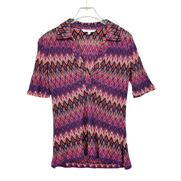 Trina Turk Peru Colorful Chevron Open Knit Collared V-neck Retro Revival Top - Picture 7 of 10